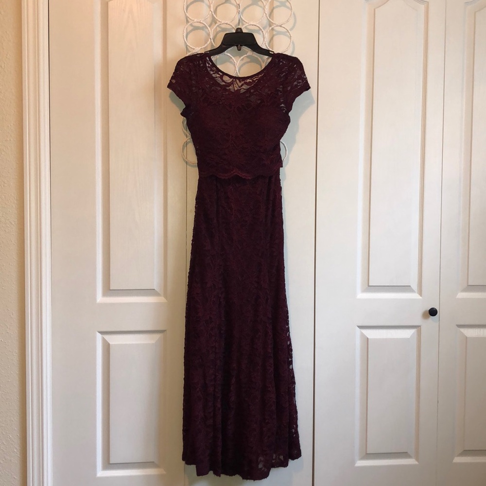maroon lace 2 piece mermaid prom dress